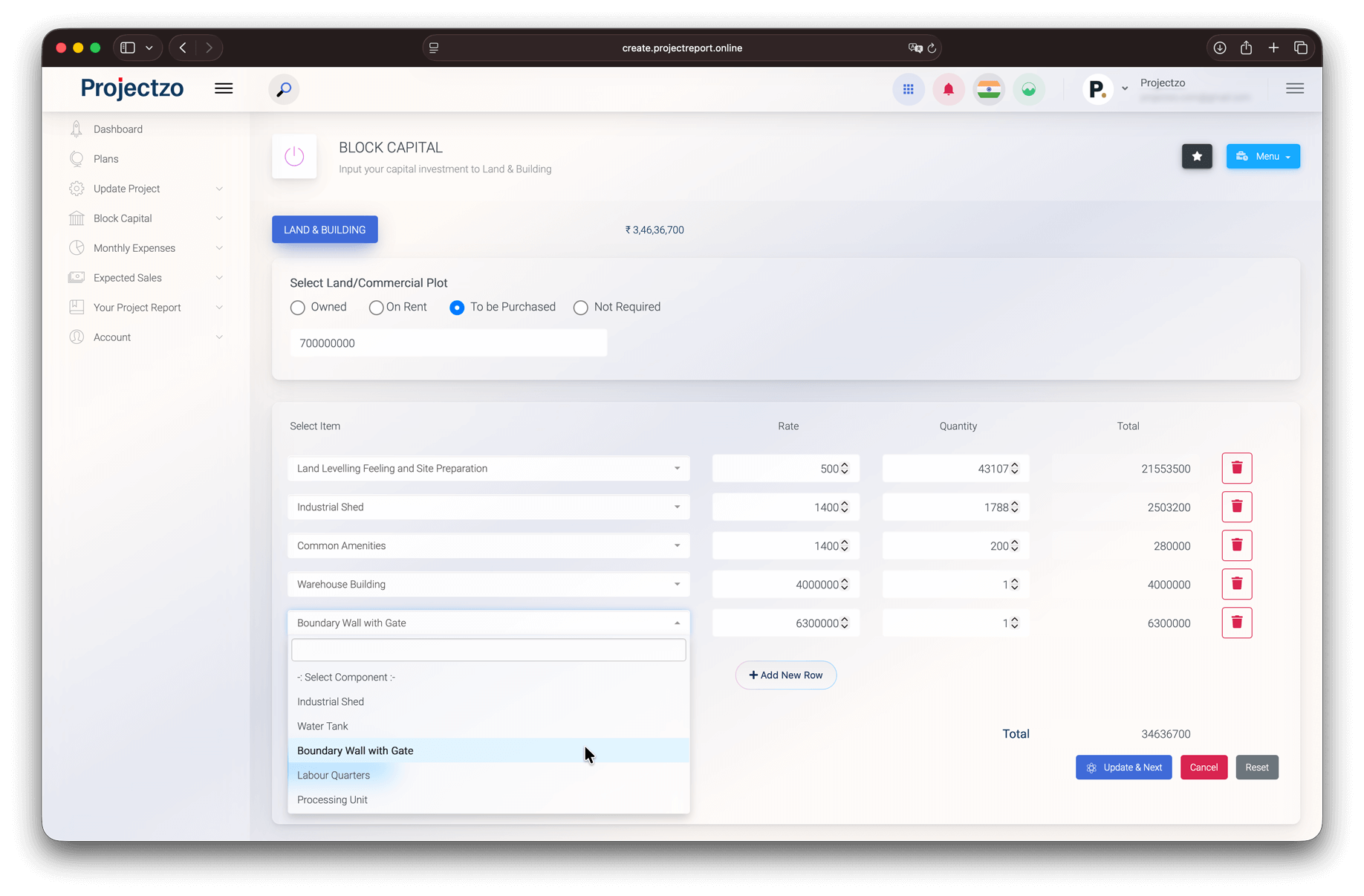 project report software screenshot showing clear user interface