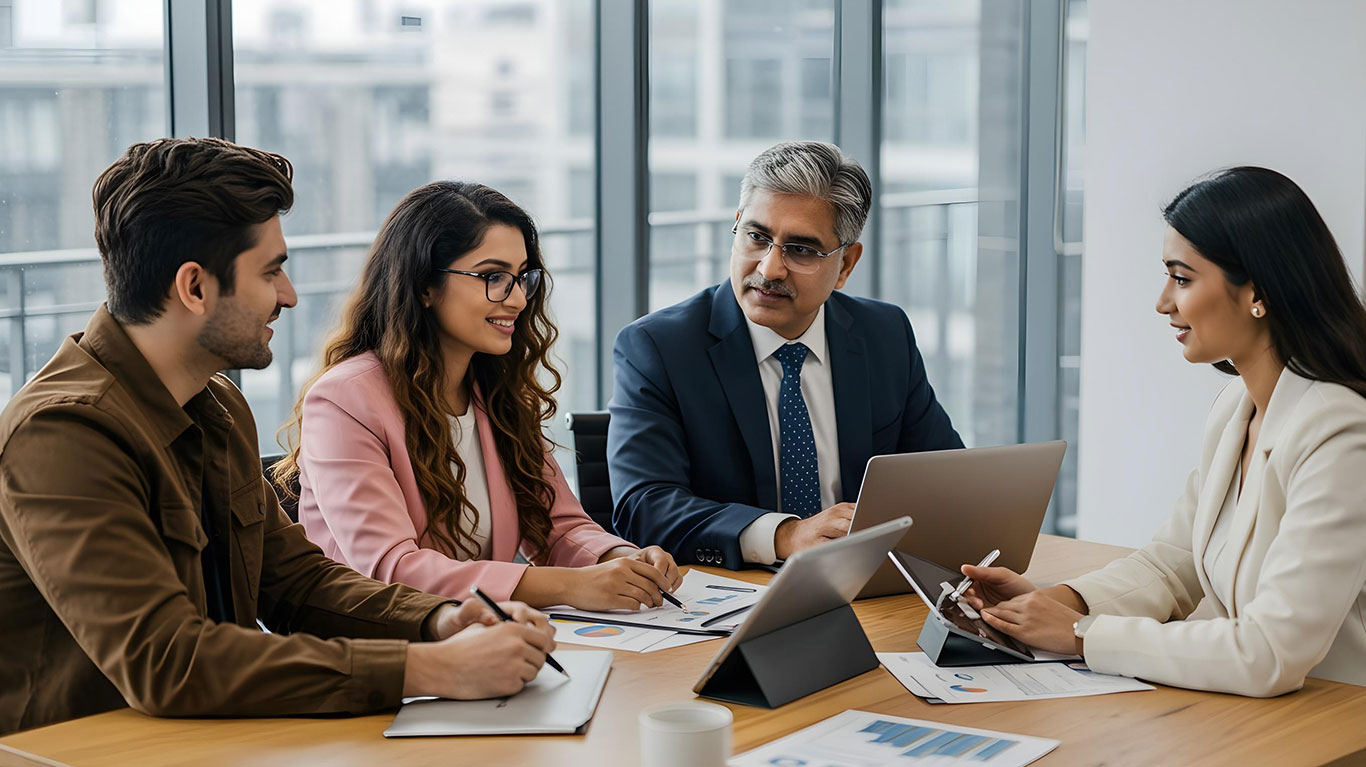 An entrepreneur presenting a well-structured business loan project report to a banker.